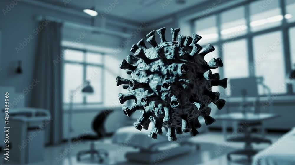 Poster microscopic view of a virus hovering in a sterile hospital room, symbolizing the ongoing threat of i