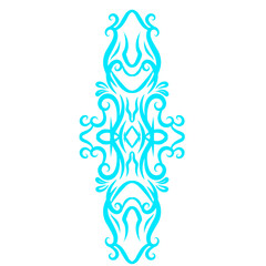 Intricate blue abstract design featuring symmetrical patterns and flowing curves on a white background
