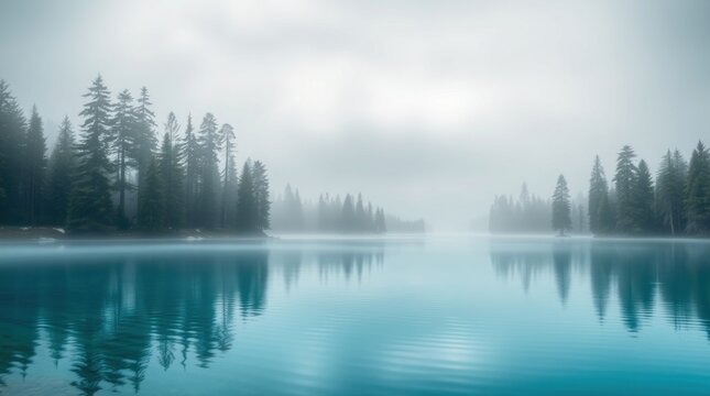 Serene, misty lake scene with dark evergreen trees reflected in calm, turquoise water - Powered by Adobe
