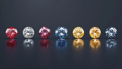 Various colored gemstones,  round brilliant cut,  reflecting on a dark surface.  Different hues of diamonds, rubies, sapphires, and yellow stones