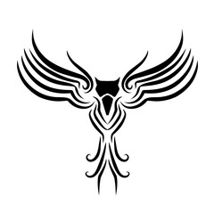 Stylized black phoenix with intricate wings soaring against a white background, symbolizing rebirth and strength