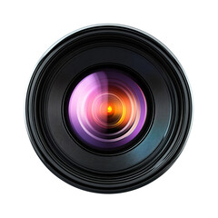 Close-up shot of a camera lens with its multi-colored reflections captured from a low-angle perspective. The lens is made of high-quality glass and the camera is ready to capture