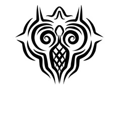 Intricate tribal owl design featuring swirling patterns and sharp angles on a white background