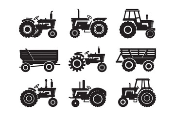 Black Silhouette Tractors with Trailers - Farming Vector Bundle
