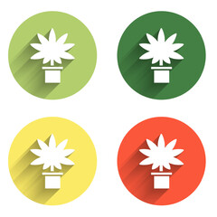 Set Medical marijuana or cannabis plant in pot icon isolated with long shadow background. Marijuana growing concept. Hemp potted plant. Color circle button. Vector