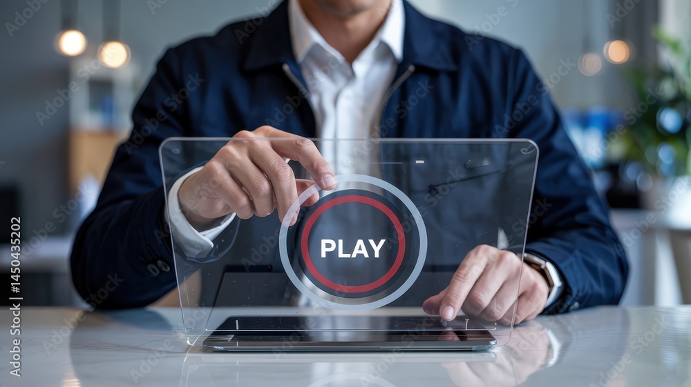 Poster businessperson interacts with transparent screen displaying play button.