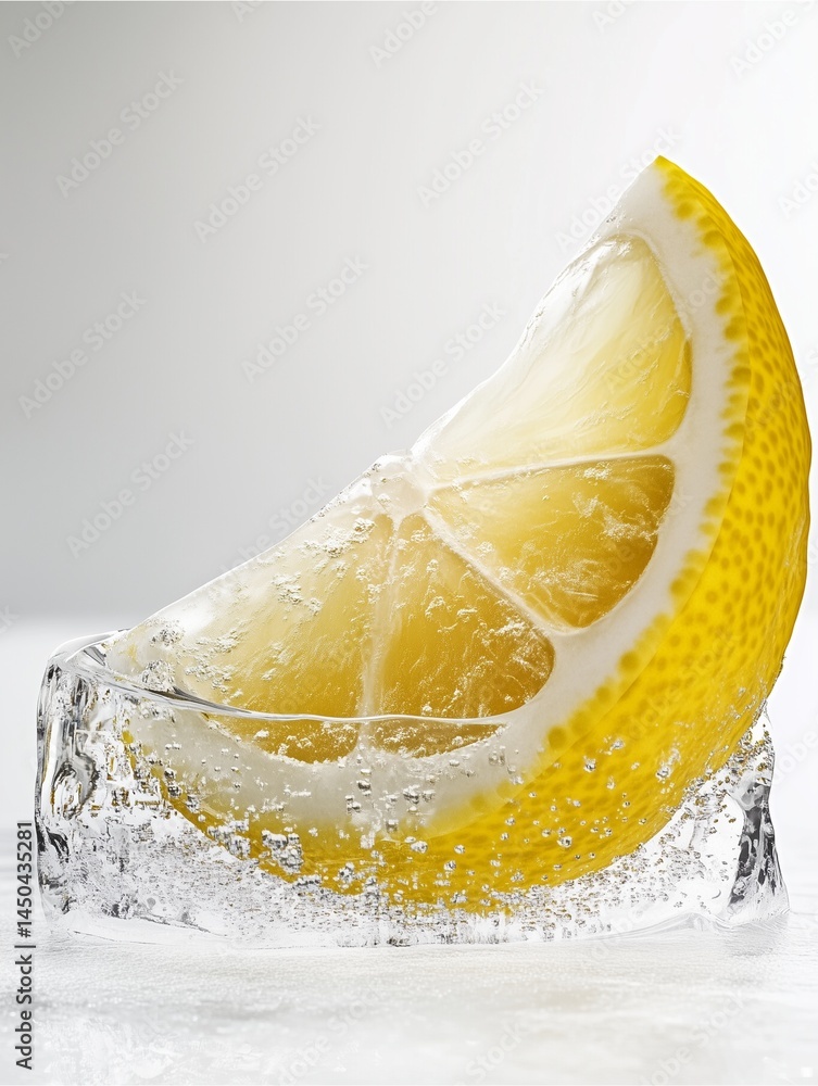 Poster lemon slice in ice: a vibrant lemon slice, glistening with moisture, rests elegantly on a bed of mel