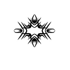 Intricate black tribal design featuring sharp angles and symmetrical patterns on a white background
