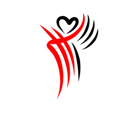 Abstract design featuring a dynamic red and black figure with a heart symbol, representing love and connection