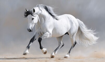 Naklejka premium Majestic white horse galloping in a field, dynamic motion, natural light, possible use for equine photography, equestrian art or nature background