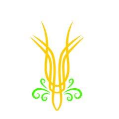 Bright yellow and green abstract plant design with stylized leaves on a white background