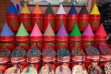 Beautiful shop display with colorful; rose flowers in the streets of marrakesh marokko