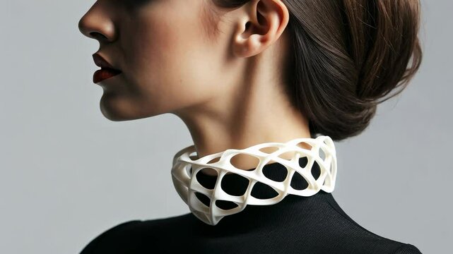 A model wearing a 3D printed choker with complex geometric structure. A close-up of a woman with a fashion accessory on her neck.