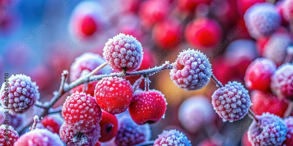 Aufkleber A cluster of red berries, coated in a delicate layer of frost, clinging to a branch against a soft blue backdrop.