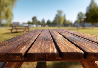 Naklejka premium Close-up of a wooden picnic table in a sunny park setting.