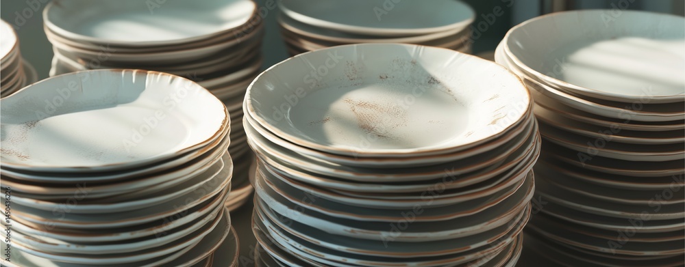 Poster clean plates display: a visually pleasing assortment of pristine white plates arranged in neat stack