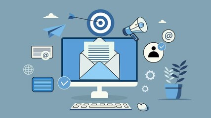 Email marketing concept focused on reaching customer goals and Business target. Computer screen with an email message, megaphone for outreach, Flat design animation