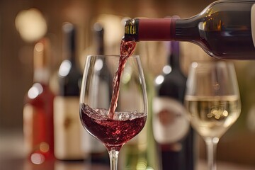 Red wine being poured into a wine glass.  A bottle of red wine is pouring into a clear glass wine goblet. Other bottles of wine are visible in the background