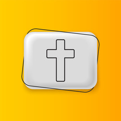 Black Christian cross icon isolated on yellow background. Church cross. Silver rectangle button. Vector
