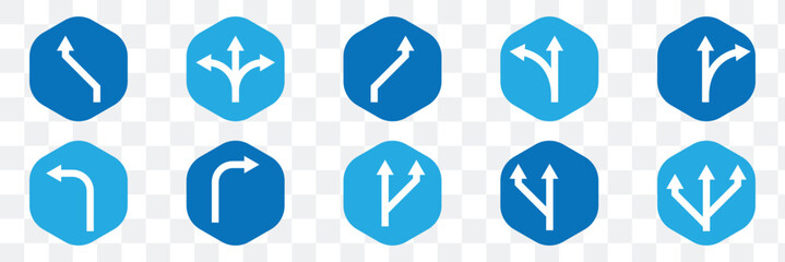 Road traffic direction arrows flat set. You-turn, left, right, two way, three way transportation direction arrow symbol. decision icon vector Traffic way icon isolated Road arrow Sketch. Eps 10.