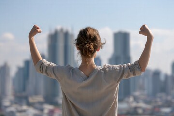 Confident young woman raising her arms with skyscrapers in the background.