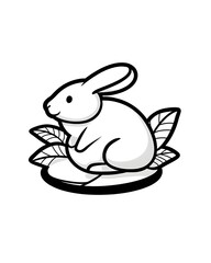 A cute, cartoon rabbit sits amidst stylized leaves on a simple, circular base