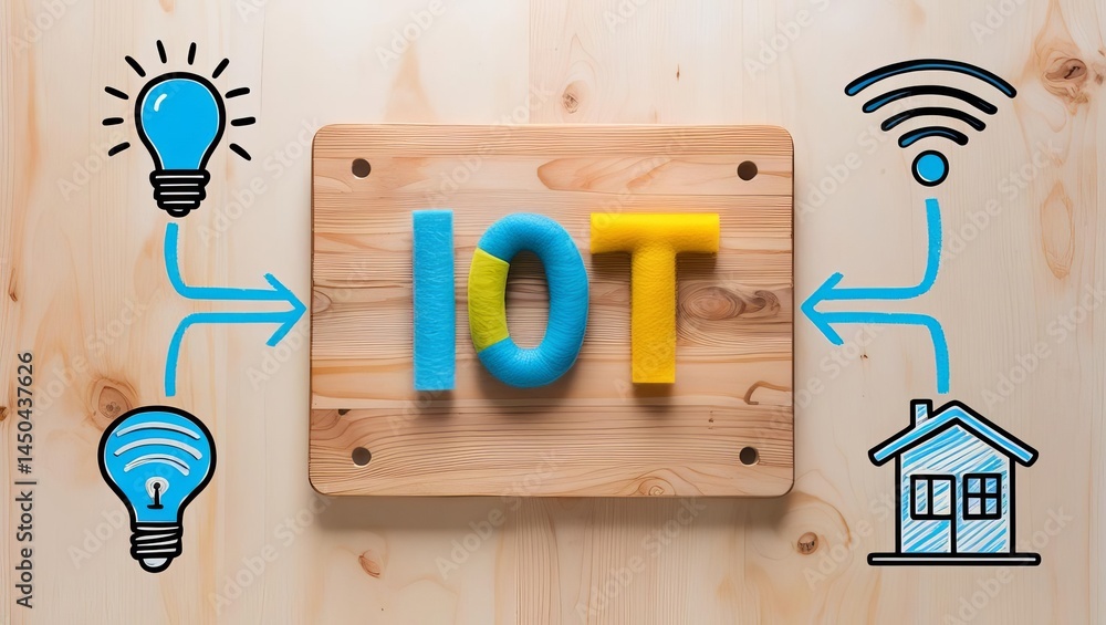 Poster innovative internet of things technology concept with iot letters on wooden background connected to 