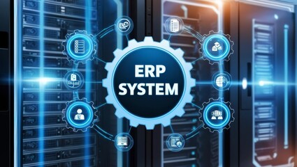 Advanced Enterprise Resource Planning System Concept with Digital Data Servers and Connectivity Icons Representing Business Management and Integration