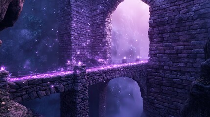 A castle bridge spanning a glowing, mist filled chasm leading to a majestic stone fortress Enigmatic scene of a bridge crossing radiant mist toward a towering stone castle 