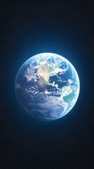 A luminous Earth, seen from space, showcasing continents and oceans, surrounded by the inky blackness of space