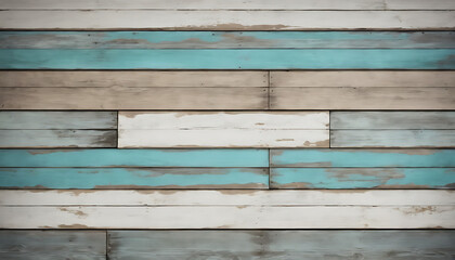Naklejka premium Rustic wooden wall with weathered paint in white, blue, and beige tones for a vintage aesthetic.