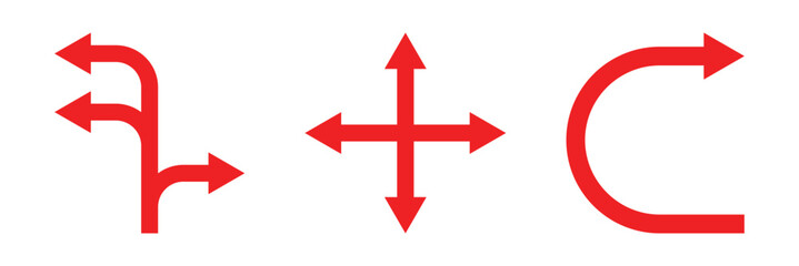 Way direction arrow sign icon set. three arrow, way sign, road direction icon vector. three-way direction arrow sign. Way pointer symbol. Turn arrow navigation sign. 