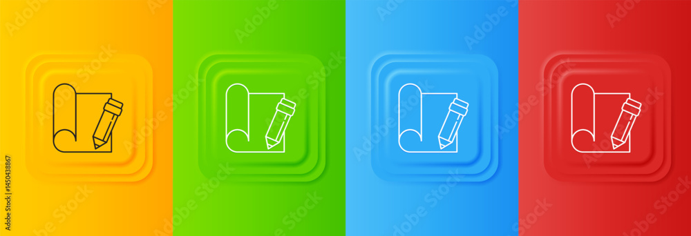 Poster white graphing paper for engineering and pencil icon isolated on colorful background. set icons in s