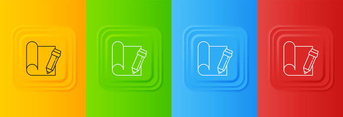 White Graphing paper for engineering and pencil icon isolated on colorful background. Set icons in square buttons. Vector