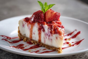 Delicious cheesecake with strawberry topping and mint on a white plate.