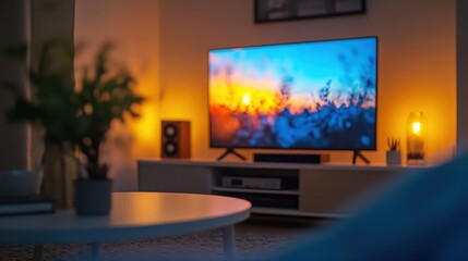 Fototapeta premium Cozy Living Room with TV Displaying Scenic View