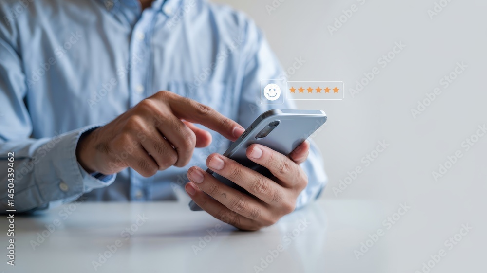 Poster close-up of a person interacting with a smartphone displaying feedback.