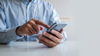 Close-up of a person interacting with a smartphone displaying feedback.