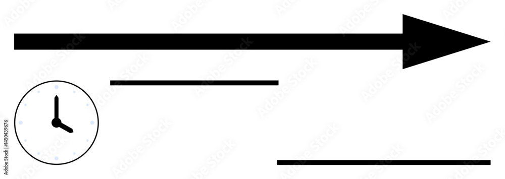 Poster clock with black hands, bold arrow pointing forward, and horizontal lines emphasizing motion and foc