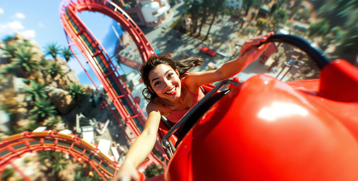 A woman riding a roller coaster at an amusement park - Powered by Adobe