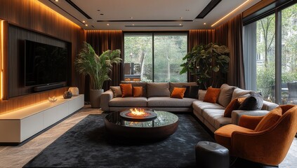 Modern living room with fireplace, garden view