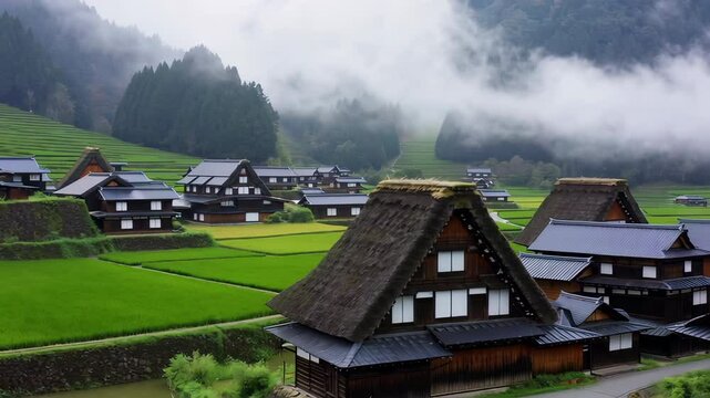 Shirakawa-go gassho style houses with low clouds covering mountain