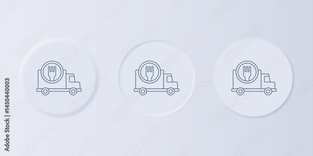 Poster grey fast round the clock delivery by car icon isolated on grey background. set icons in square butt