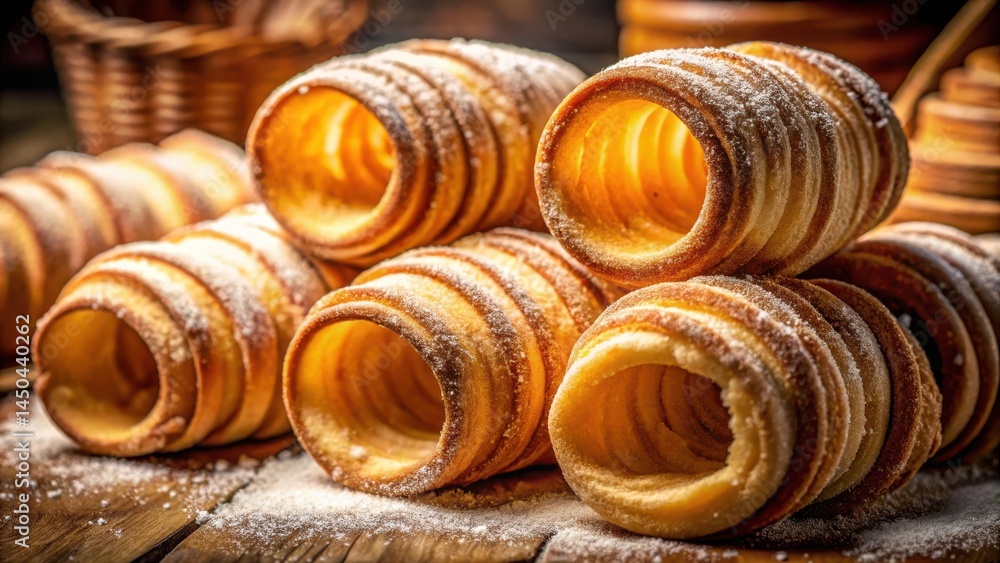 Poster golden-brown pastries dusted with powdered sugar, arranged in a tantalizing display on a rustic wood