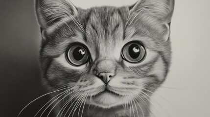 Close-up grayscale portrait of a kitten.