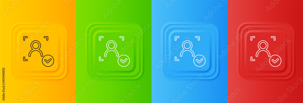 Poster white face recognition with check mark icon isolated on colorful background. face identification sca