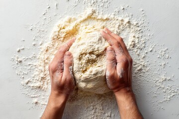 A pair of hands expertly kneading dough covered in flour on a white surface, top view.