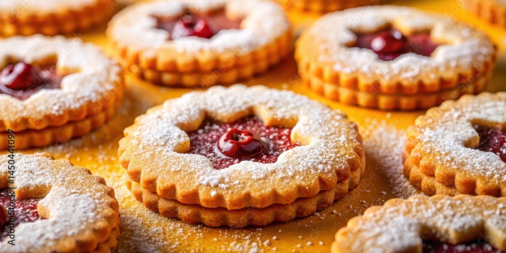 Poster close-up of delicious, buttery cookies filled with a sweet, red jelly and dusted with powdered sugar