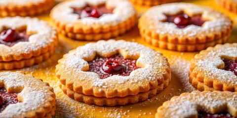 Close-up of delicious, buttery cookies filled with a sweet, red jelly and dusted with powdered sugar, showcasing the intricate details of each cookie