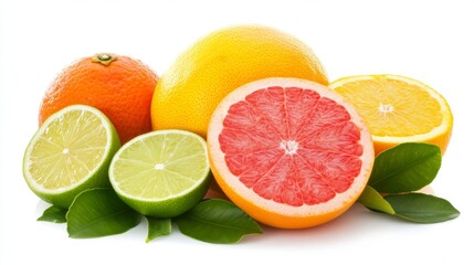 assorted citrus fruits with leaves on white background